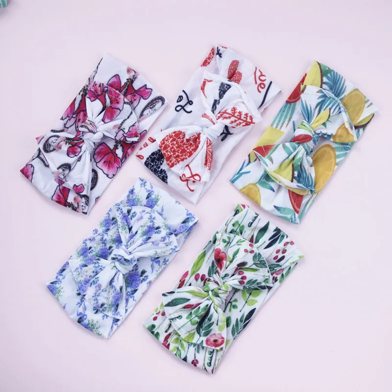 Floral Printed Nylon Knot Bow Headwrap One size fits all nylon bow headbands Wide turban Classic headwrap HB155 | Детская одежда и