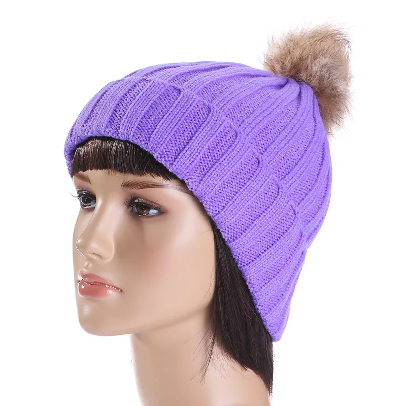 Зимняя женская шапка с искусственного меха кабель вязать Полосатый Pom Beanie Топ