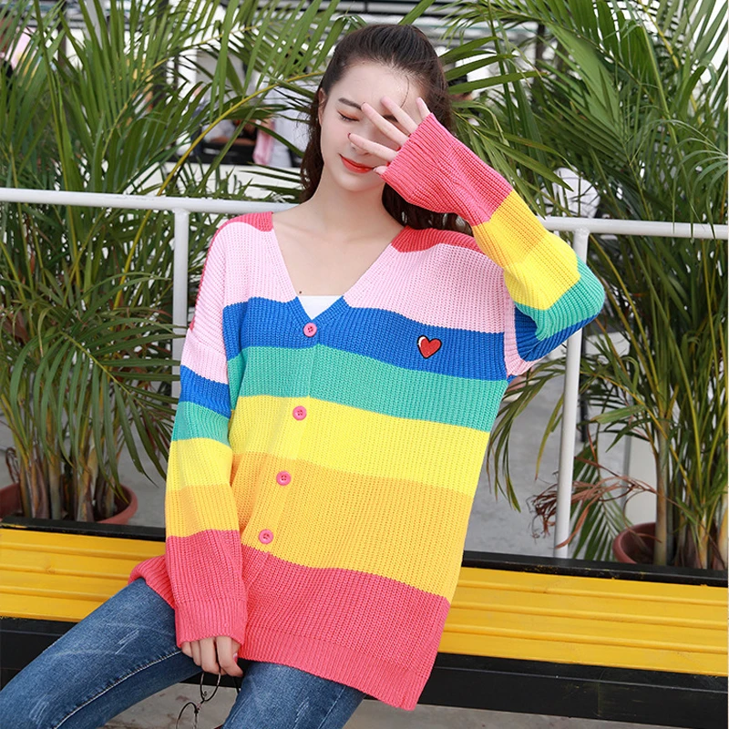 2018 Women New vintage warm sweaters Rainbow Striped pullovers winter Spring knitted retro loose tops blusas | Женская одежда