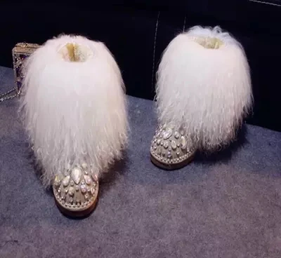 Популярные женские сапоги Стразы с шерстяным мехом и кисточками Украшенные