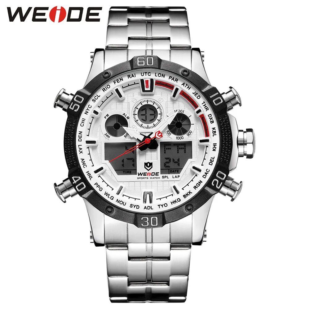WEIDE, Кварцевые спортивные наручные часы, настоящие автоматические мужские часы, лучший бренд, Роскошные мужские часы, аналоговые, нержавеющая сталь, дата, цифровой led - Цвет: Белый