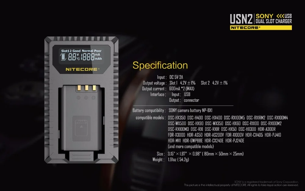 Горячая NITECORE USN2 цифровой двойной слот для путешествий зарядное устройство для камеры для sony NP-BX1 Батарея DSC-HX350 DSC-H400 DSC-HX400 DSC-RX100M5