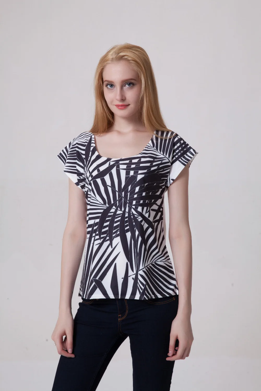 EAST KNITTING 2003 New Style 2015 Leaf Printing Women T-shirt Round Collar SlimTop For Drop Shipping | Женская одежда