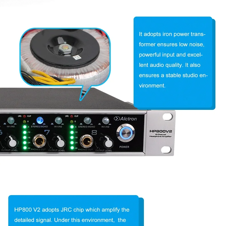 Alctron HP800 V2 оснащен 8 автономными стереонаушниками, усилитель для наушников для усиления сигнала для наушников