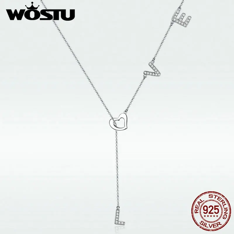 WOSTU серебро 925 пробы любовное письмо циркон кулон ожерелья длинная цепочка для