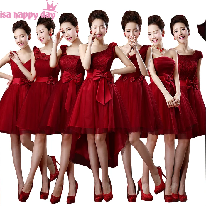 Короткие Украшенные сердечками Платья для подружек невесты Бордовое платье без