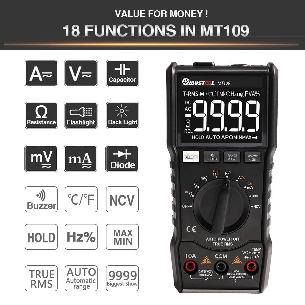 MUSTOOL MT109 портативный 9999 отсчетов True RMS мультиметр AC DC Напряжение Ток NCV температура тестер Авто Диапазон подсветка