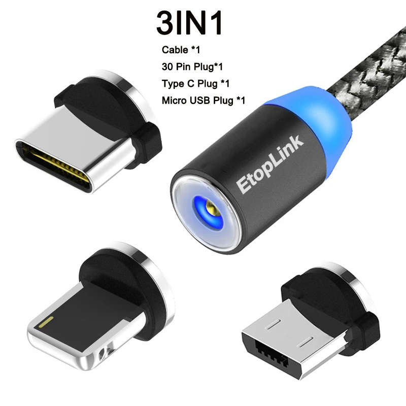 Black 3 Plugs Магнитный кабель EtopLink, зарядный usb-кабель, магнитный нейлоновый зарядный кабель, светодиодный usb-кабель, Micro USB type C, 3 в 1, опционально - Цвет: Black 3 Plugs