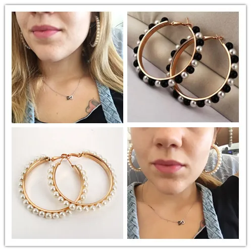 Женские серьги кольца с черным и белым жемчугом из нержавеющей стали|hoop earrings|loop