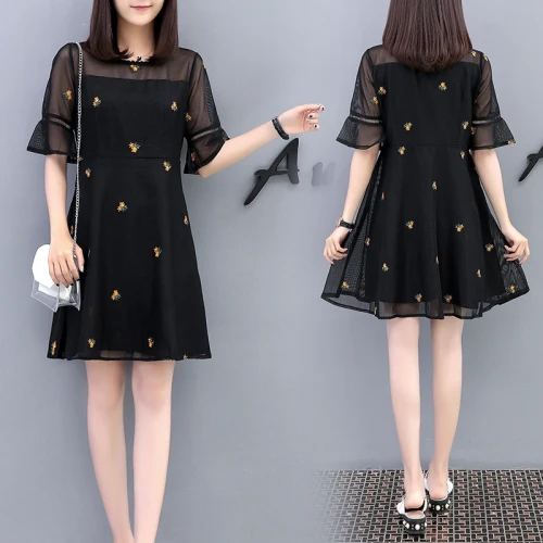 OL A Line платье до колена с цветочным рисунком рукав локтя летние платья сетчатая