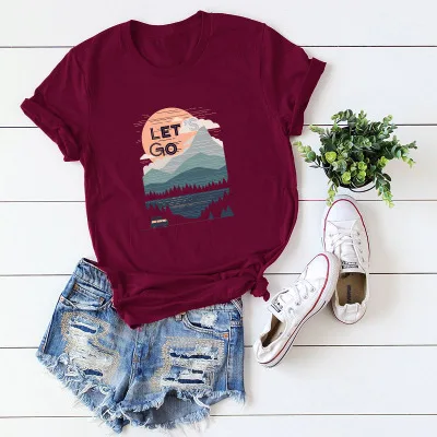 wine red Женская футболка с принтом в стиле Харадзюку, хлопок, летняя Базовая футболка большого размера, праздничные пляжные повседневные футболки, спортивные топы с граффити, S-5XL - Цвет: wine red