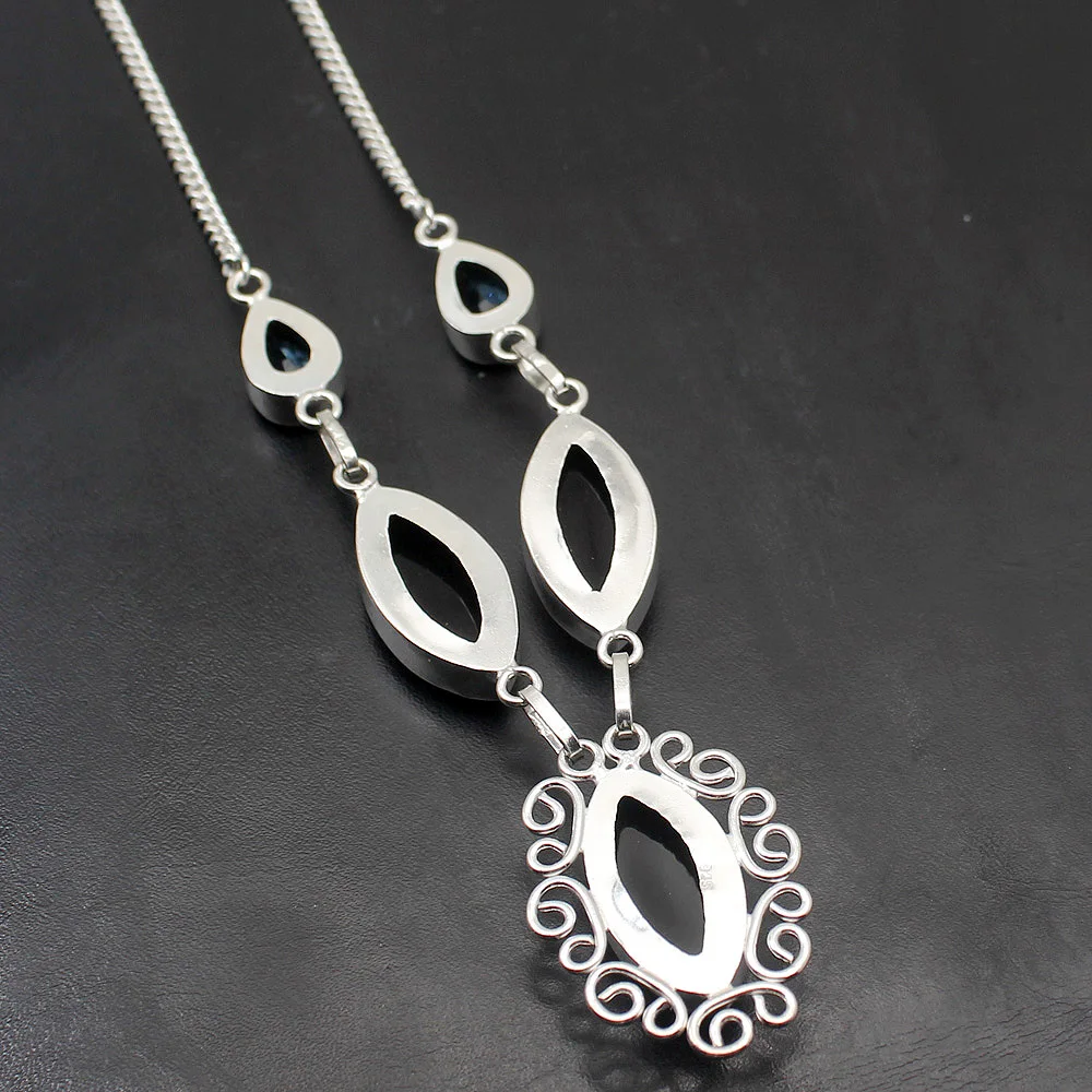 Fantasy Unique Black Onyx BlueTopaz 925 Sterling Silver Color Chain Pendant Necklace 19 Inch TF806 | Украшения и аксессуары