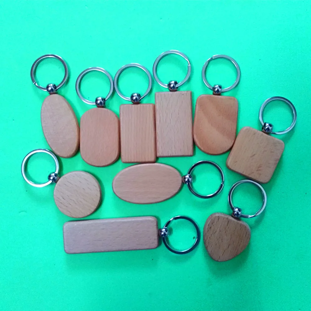 

100 Pcs Natural Wooden Keychains DIY Blank Keyring Round/Square/Rectangle/oval/Heart/Shield keychain Anti Lost Wood Customized