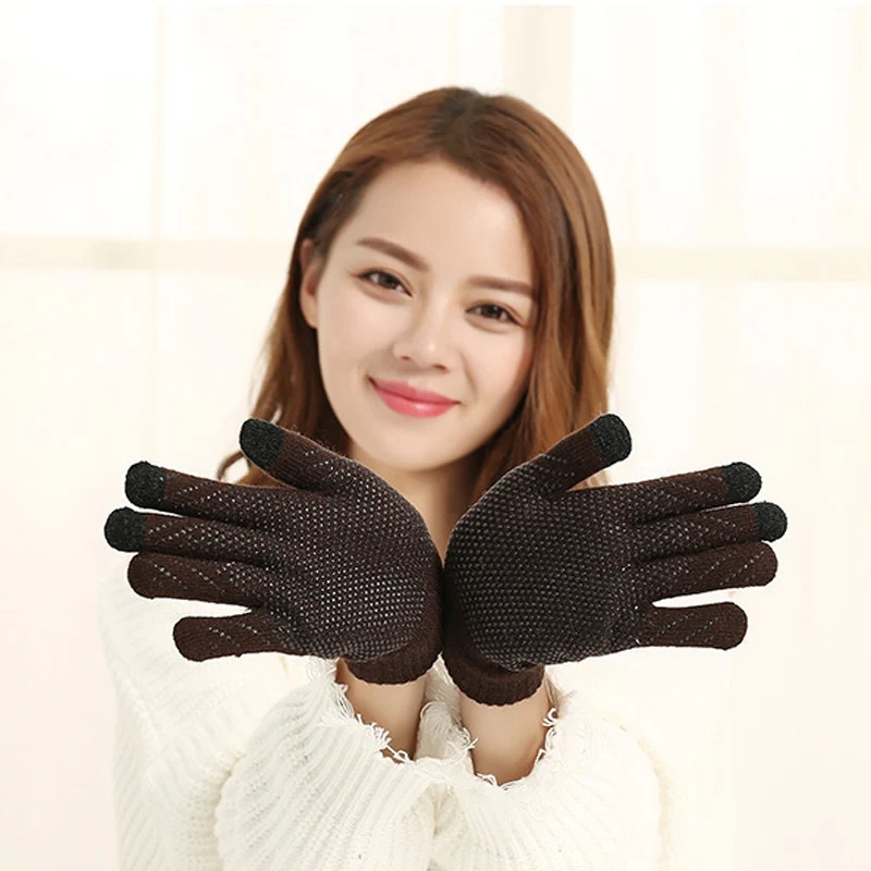 

Hot Touch Screen Gloves Women Men Warm Winter Stretch Knit Mittens Wool Couple Full Finger Guantes Female Anti Slip Finger Mitt