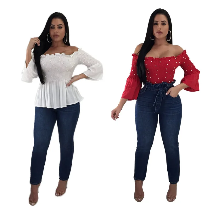 Пикантные с открытыми плечами Slash шеи плиссированные оборки Модные топы