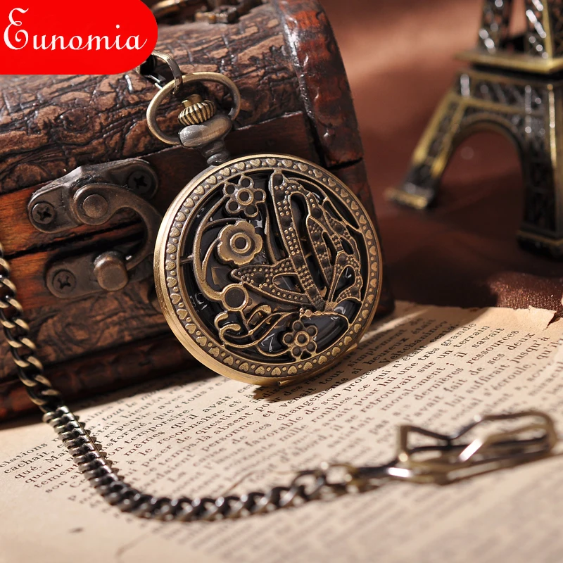 Женские круглые карманные часы с подвеской бабочкой и резьбой механические