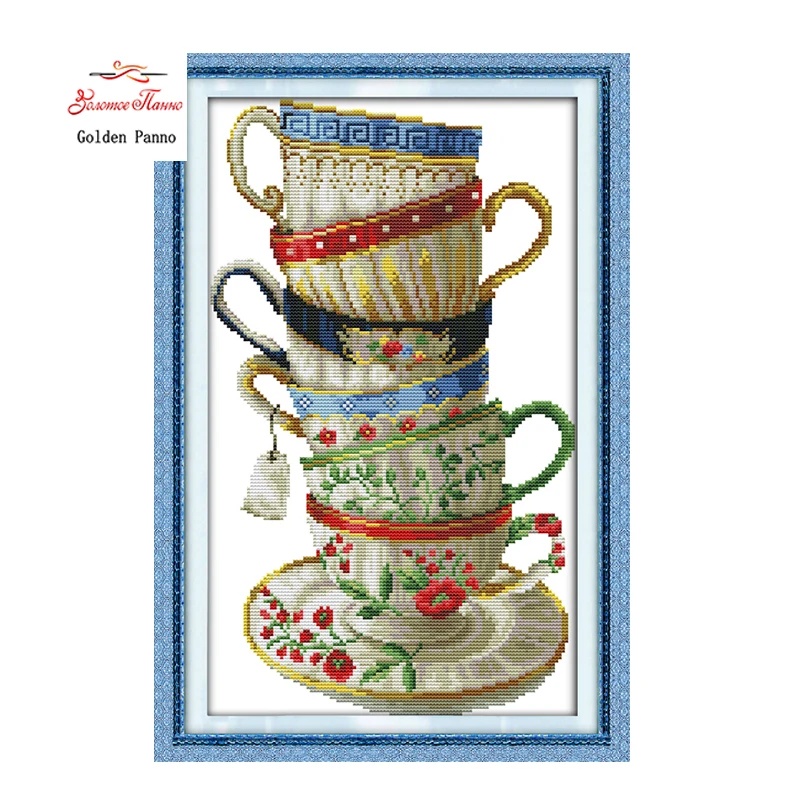 

Golden Panno, элегантная, кофейные чашки, рассчитанная Печать на холсте DMC 14CT 11CT наборы для вышивки крестиком, вышивка ручной работы 23