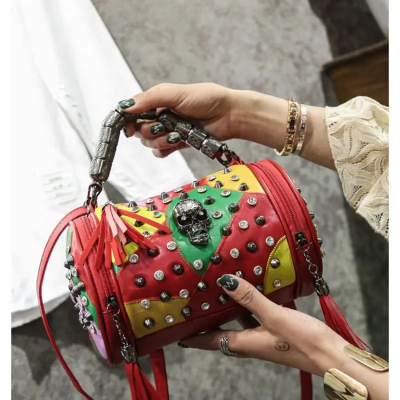 Women Tassels Shoulder Bag Hob-Nail Messenger Travel Bag Punk Crossbody Handbag Skull Decor For Party Dating Commuting