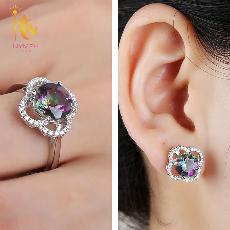 NYMPH Genuine Gem Stone Crystal Topaz Necklace Pendant Rings Earrings Set 925 Sterling Silver Jewelry Gift For Women Rose T238 | Украшения