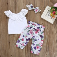 new summer toddler girl sleeveless lace collar t shirt blouse tops floral pants with headband casual outfits