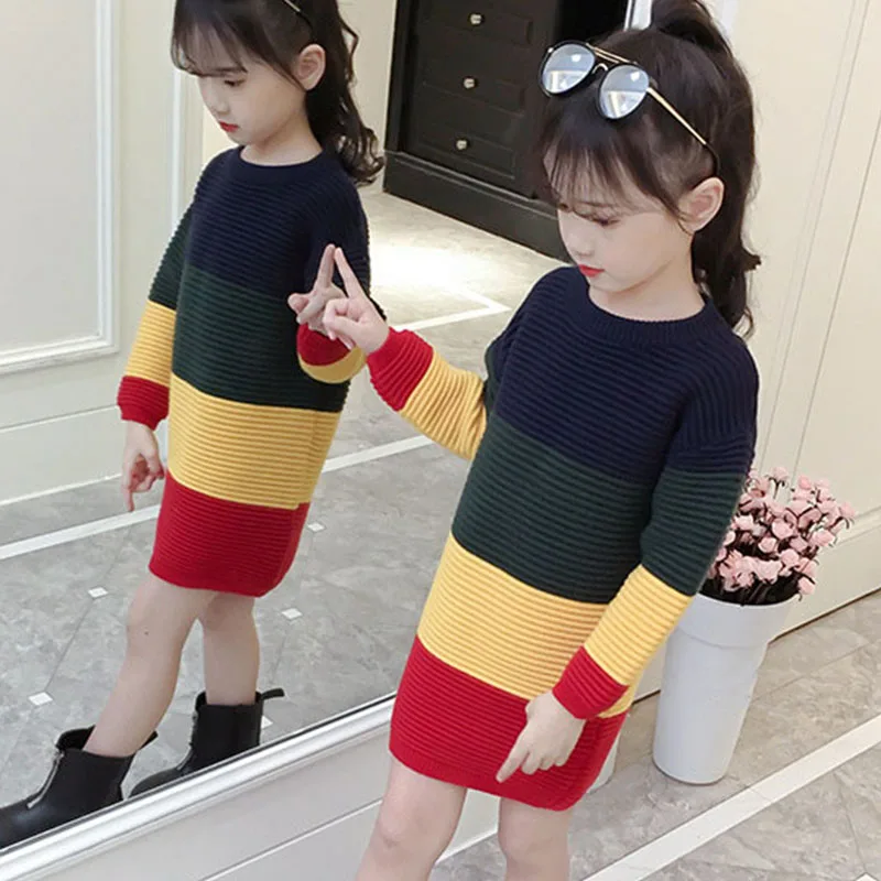 2018 зимняя Лоскутная Полосатый Флис вязаные платья для девочек-подростков теплый