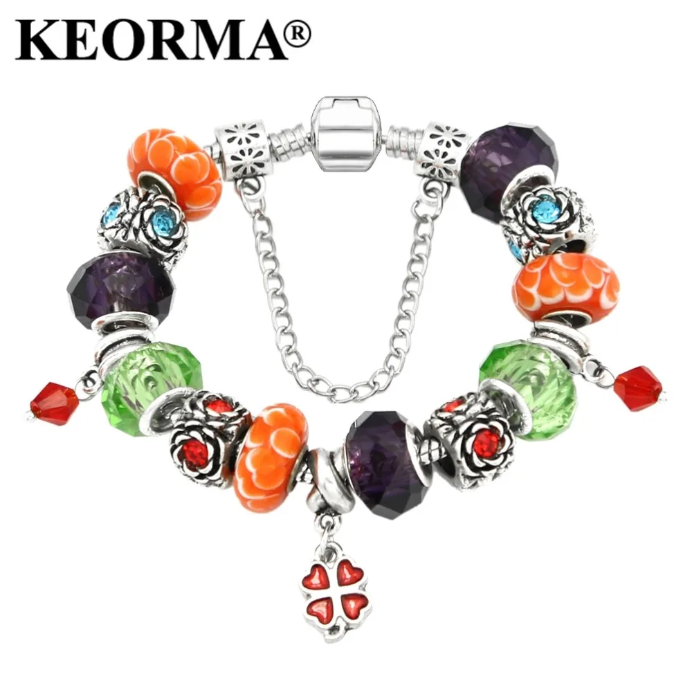 KEORMA Новый Античный Серебряный Клевер Подвески Браслеты для женщин Хрустальный