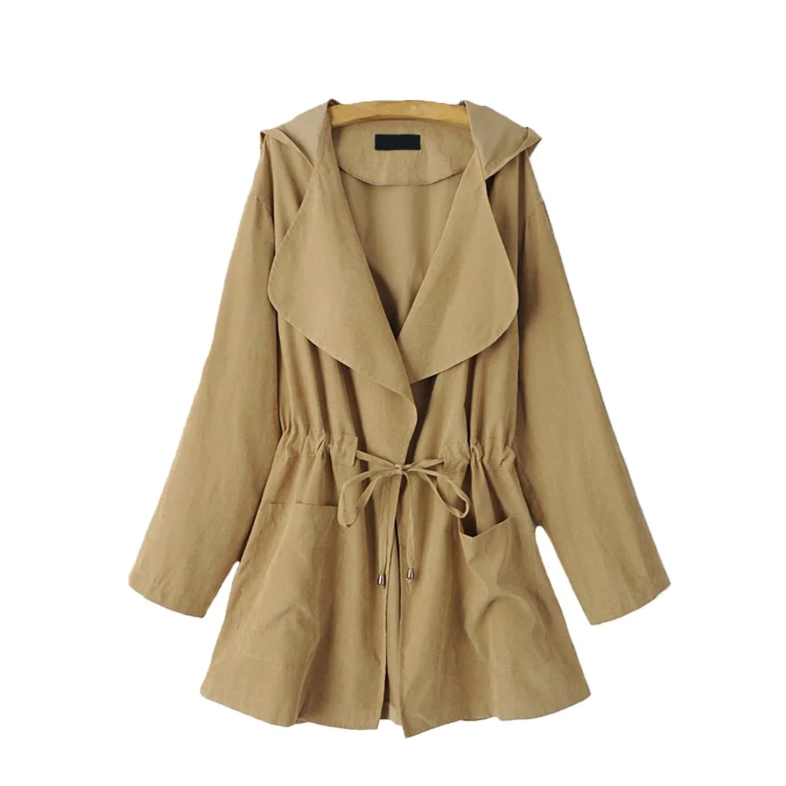 Весна осень Женская мода лацкан Drawstring талия парка ролл-ап рукава Твердые Dost с