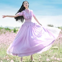 free shipping boshow 2022 new fashion women chiffon long maxi ruffles dress summer purple bohemian white dress with big hem s l