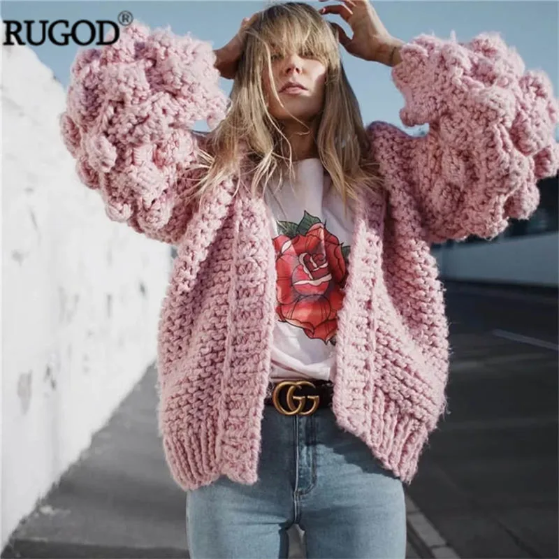 RUGOD 2020 новое зимнее пальто женский теплый вязаный кардиган с рукавами фонариками