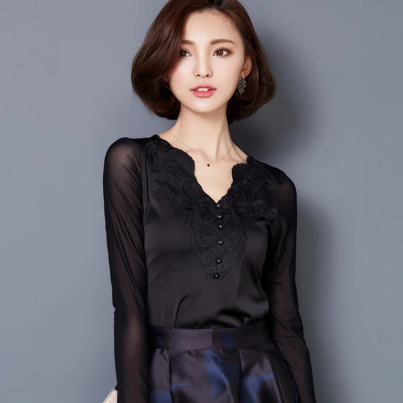 Женские блузки больших размеров Весна-Осень 2016 модные шелковые с v-образным