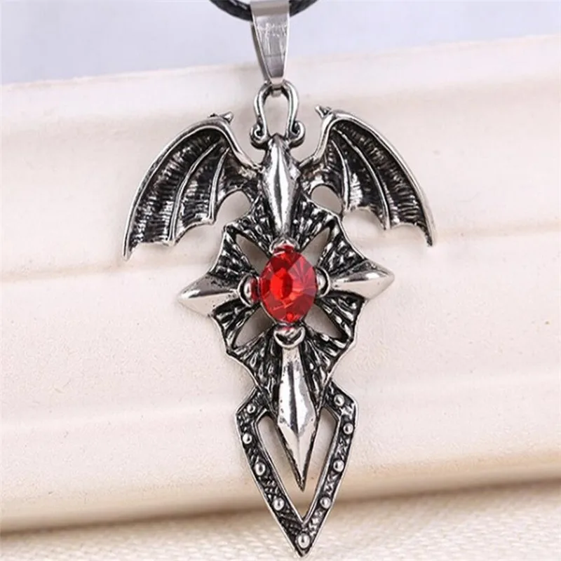 

Bat Cross Pendant Necklace With Red White Birthstone Stainless Steel Devil wings Necklace Statement Jewelry CX11