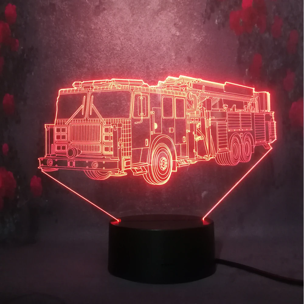 Крутой 3D ночник с пожарной машиной светодиодный сенсорный пульт 7 цветов USB