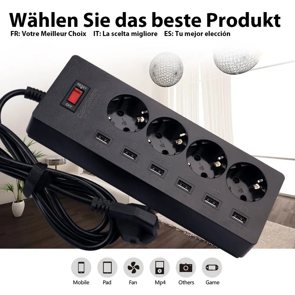 DBPOWER 6-USB и 4-выход ПЕРЕМЕННОГО ТОКА Удлинитель Адаптер 1.8 М Кабель USB Разъем с