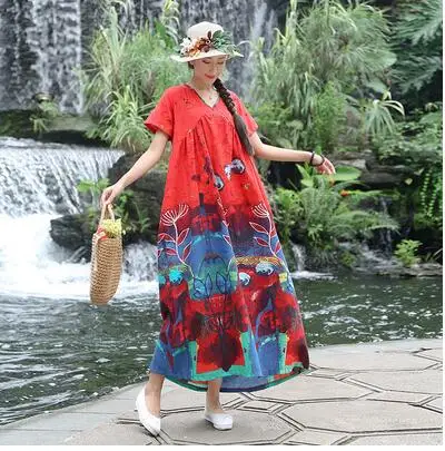 011 Plus Size Women Vintage Dress Summer Autumn Sundress Cotton Linen Vestidos Lady Long Dresses Print Floral Loose Casual Dress - Цвет: 011