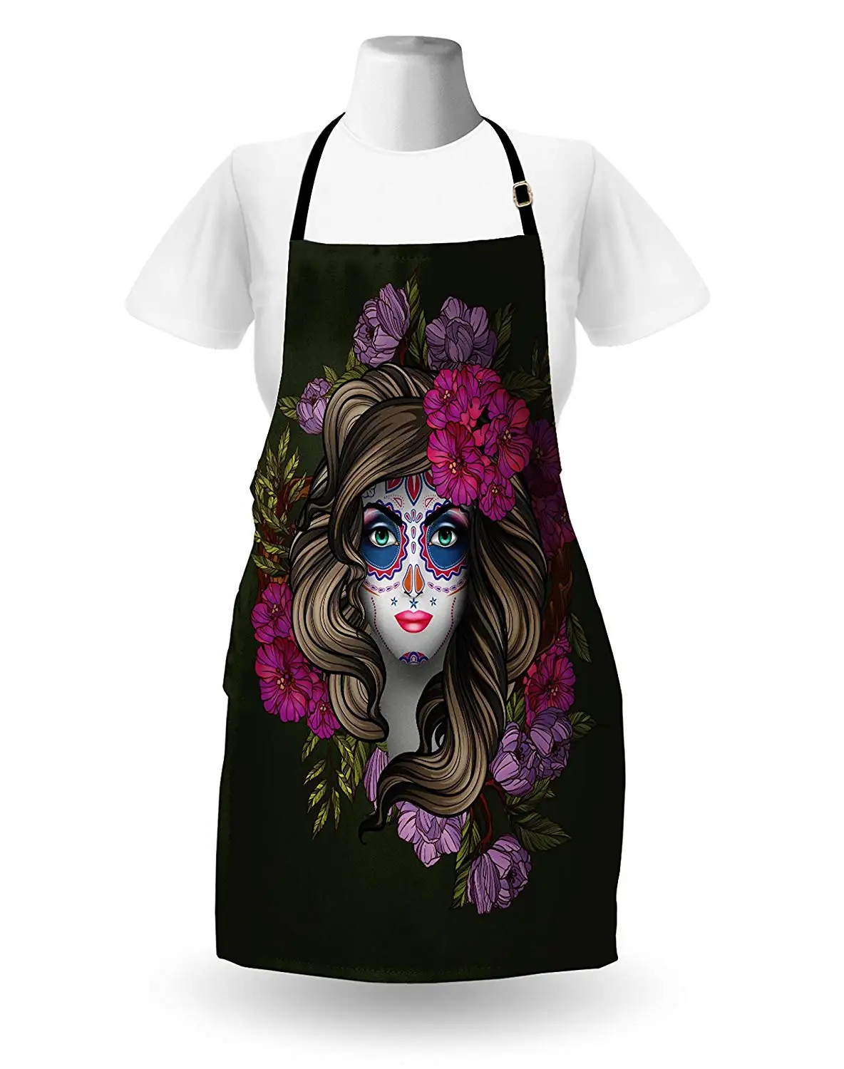 Макияж фартук Calavera День мертвых мексиканский милый череп лицом женщины с цветочной головой Хэллоуин фартук для кухни для приготовления пищи