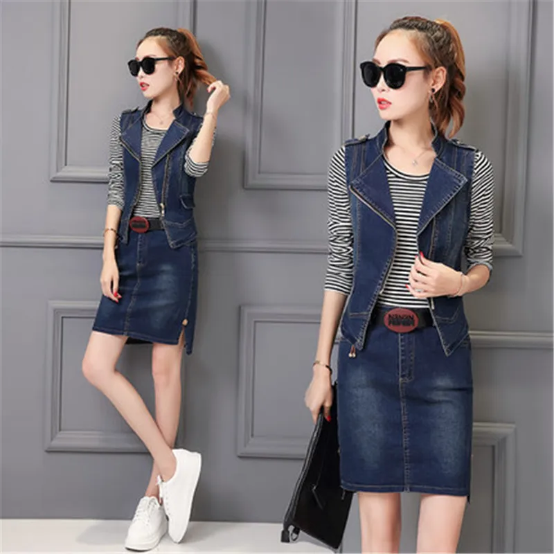 Новинка весна осень женские джинсовые костюмы жилет куртка тонкая футболка с