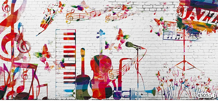 Фотообои 8D на заказ фрески с рисунком в стиле джаз музыка белые кирпичи для бара