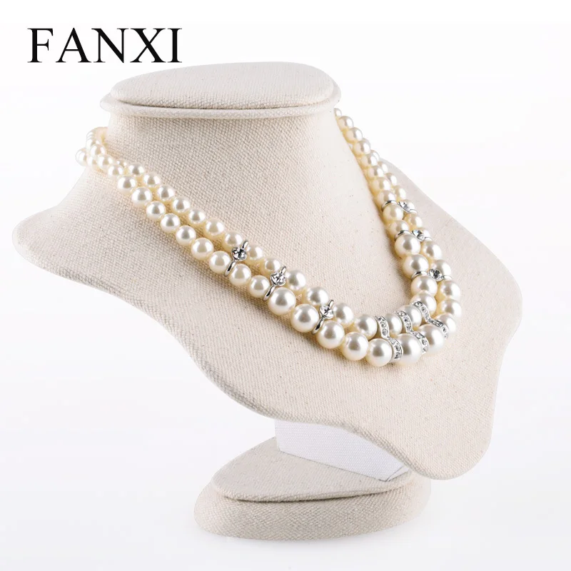 

FANXI Cream-white Necklace & Pendant Disply Bust Stand Jewelry Showcase Mannequin MDF Wrapped with Linen for Shop Counter