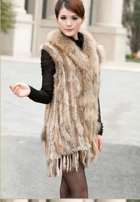 Women New Genuine Rabbit Fur Vest With Hood Fashion Raccoon Fur Collar Waistcoats Warm Natural Fur Long Gilet
