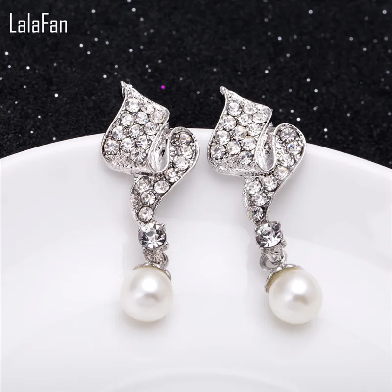 Bijoux Accessories Platinum Color CZ Artificial Pearl Flower Women Necklace + Earrings Wedding Jewelry Sets For Brides C027 | Украшения и