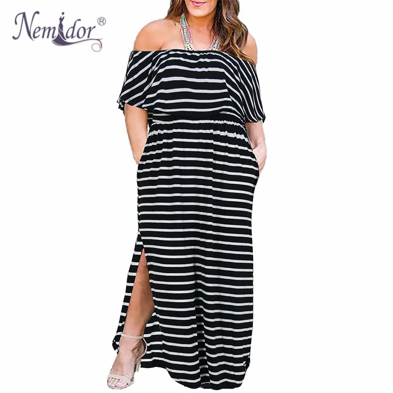 

Nemidor Women Upper Flounce Layer Off The Shoulder Party Long Dress Vintage Loose Pockets Plus Size 7XL 8XL 9XL Split Maxi Dress