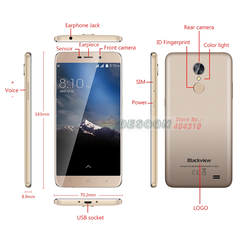 Blackview A10 Unibody смартфон 5 0 дюймов HD 2 Гб Оперативная память 16 Встроенная Android 7 MT6580A 4