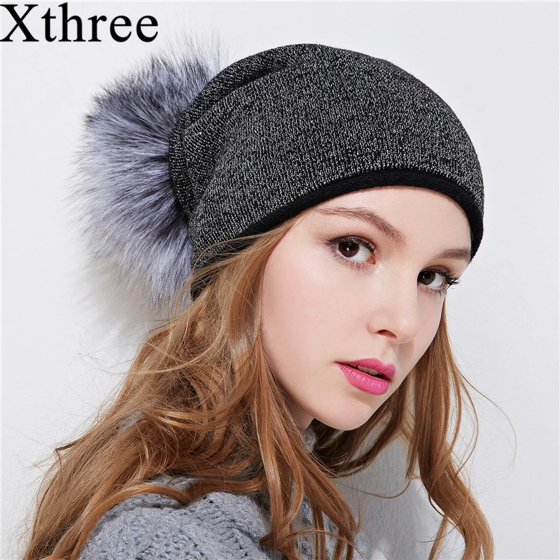 Женская шерстяная вязаная шапка с помпоном из натурального меха енота|winter hat