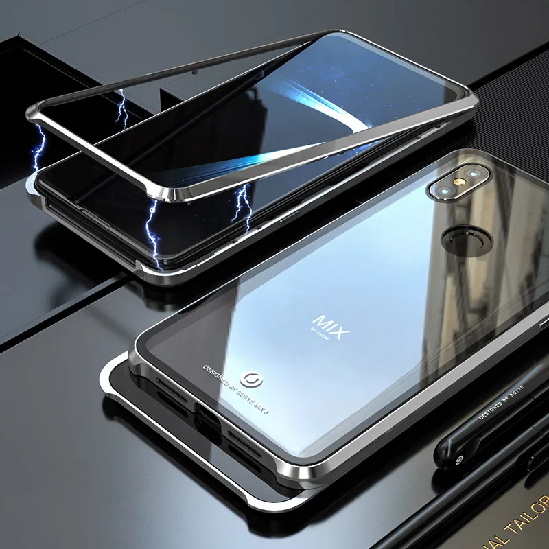 Siliver ADKO Магнитный декоративный металлический бампер стеклянный чехол для Xiaomi mi x 3 противоударный прозрачный стеклянный чехол - Цвет: Siliver