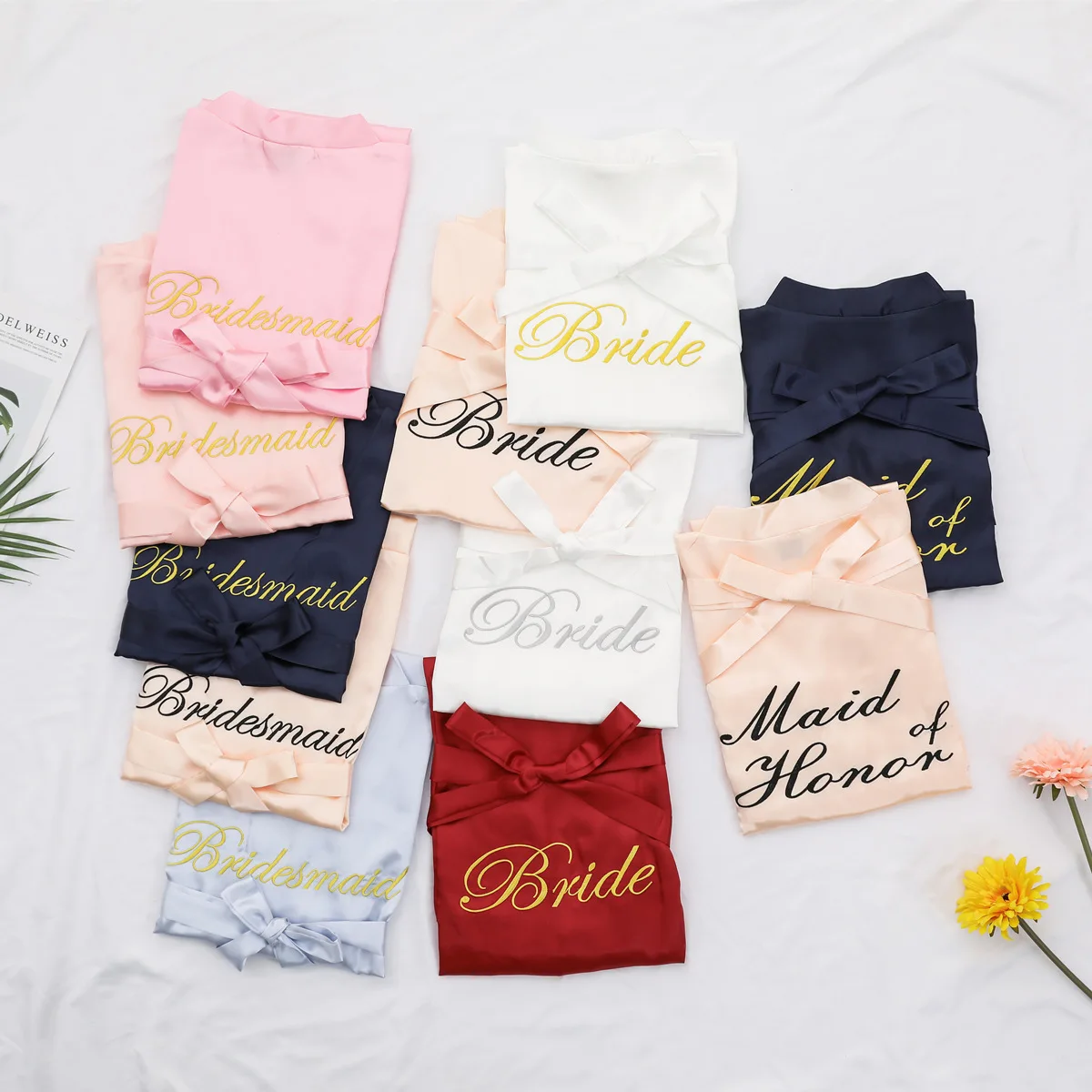 Серый/темно синий женский сатиновый банный халат для невесты и подружки с