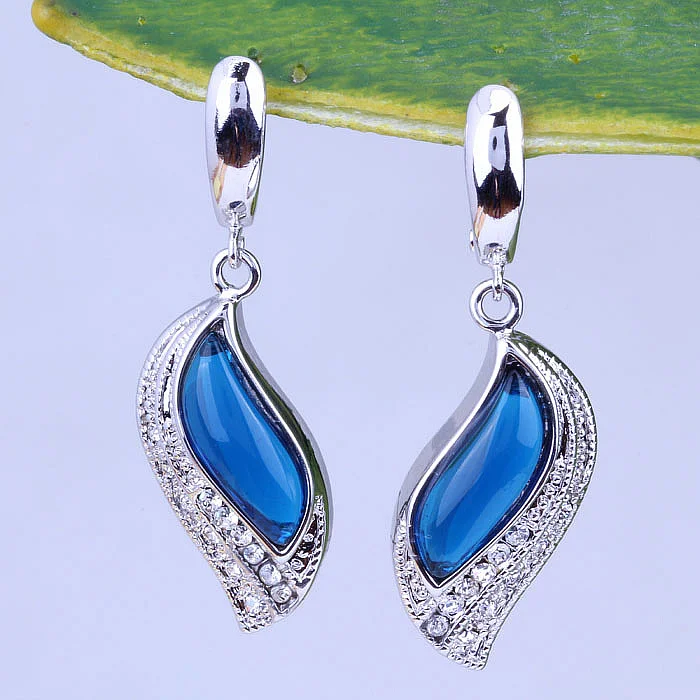 Love Monologue Charm Leaf Shaped Blue Cubic Zirconia 925 Stamp Silver Color Drop Earrings for Wedding Free Gift Bag J0498 | Украшения и