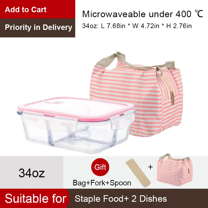 34oz-Pink Bag OTOR стеклянный контейнер для еды, Ланч-бокс 3 с отделениями бенто, коробки для микроволновой посуды, контейнер для хранения еды, стеклянный Crisper - Цвет: 34oz-Pink Bag