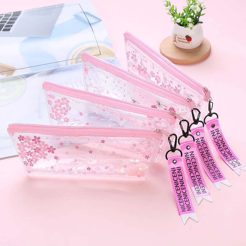 Желейный цветной пенал с блестящими цветами сакуры милый чехол на молнии для