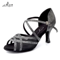 ladingwu 2018 new flash cloth and mesh modern latin dance shoes women square ballroom performance party dance shoes heels