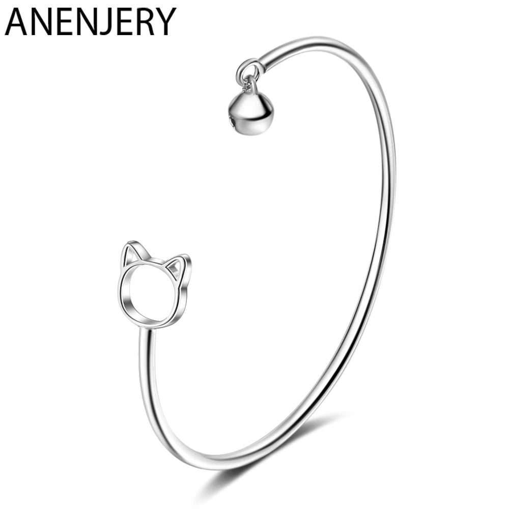 ANENJERY 925 пробы серебряный милый кот колокольчик открытые браслеты для женщин